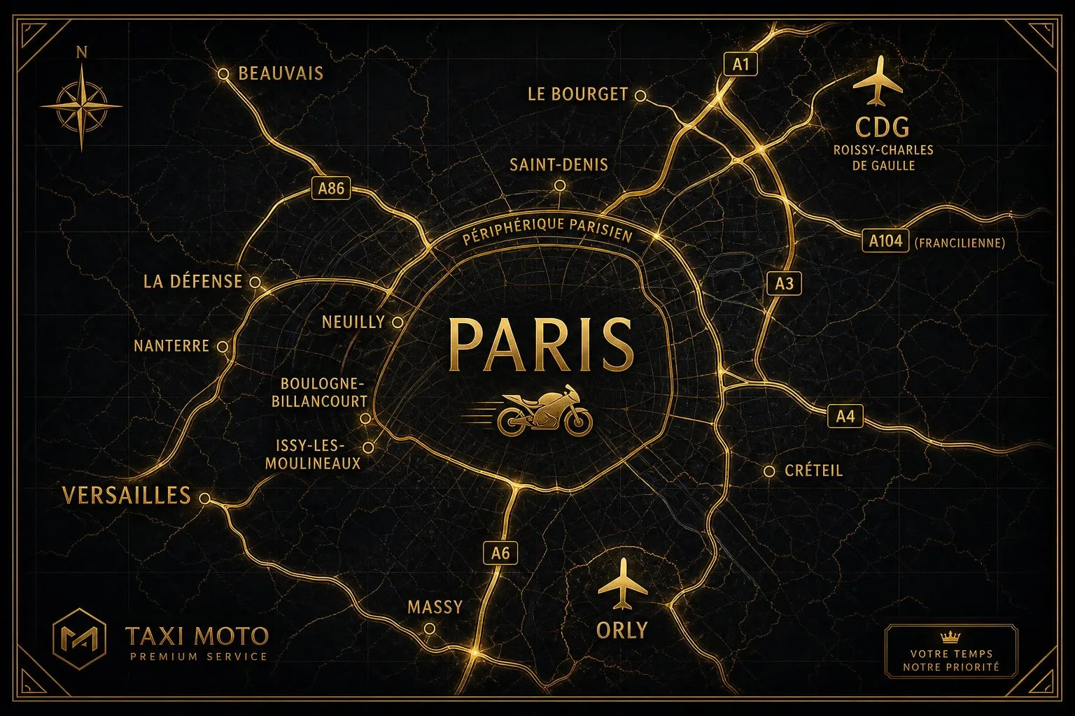 Carte zone de couverture moto taxi Paris, aéroports Roissy CDG, Orly et Le Bourget